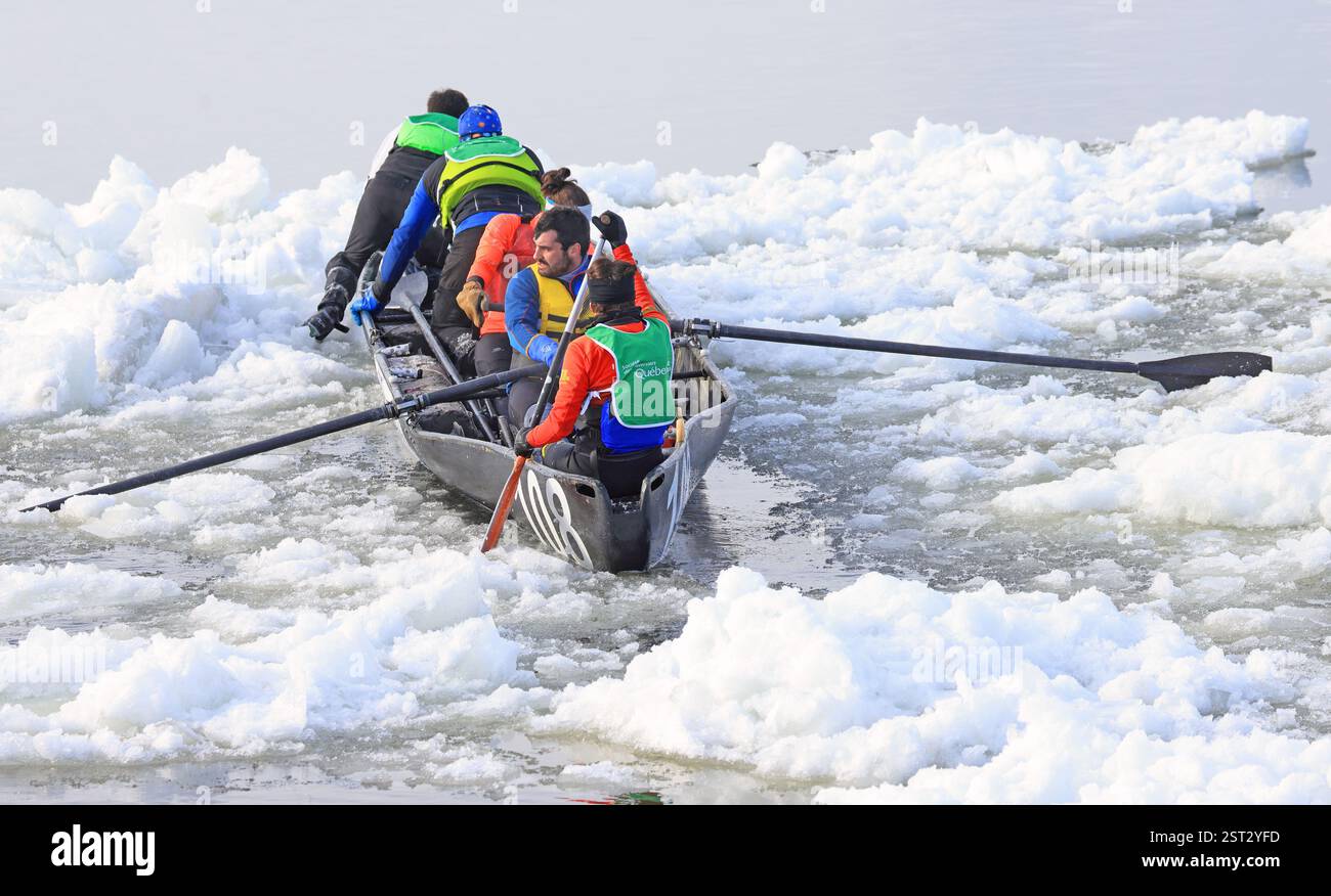 Traditional Ice Canoe Race on frozen Saint Lawrence River from Quebec to Levis during Quebec winter Carnival. Stock Photo