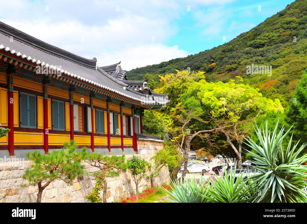 Pavilion in Beomeosa Temple in traditional korean style, Busan, South Korea. Beautiful landscape with mountains and Beomeosa Temple complex, Busan, Re Stock Photo