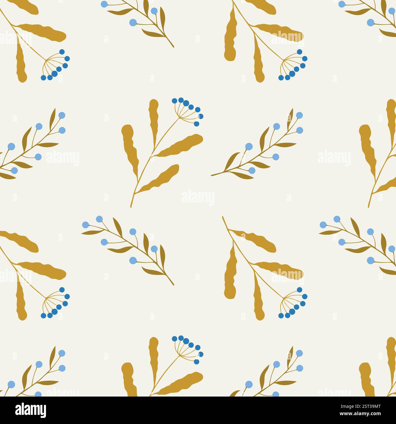 Botanical pattern, hand drawn abstract branches with blue berries on beige background. Vector illustration Stock Vector