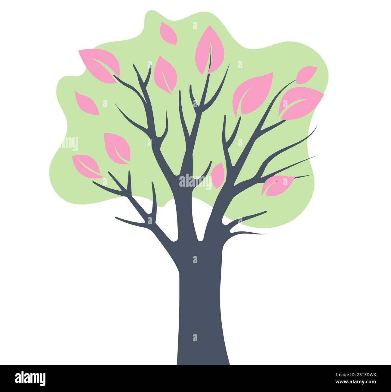 Colorful vector illustration of a stylized tree with pink leaves on a ...