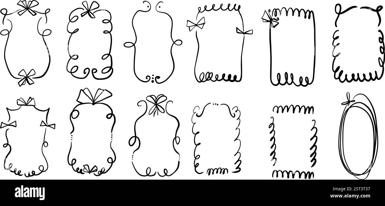 Doodle coquette frames with bows. Vintage scribble line wavy border ...