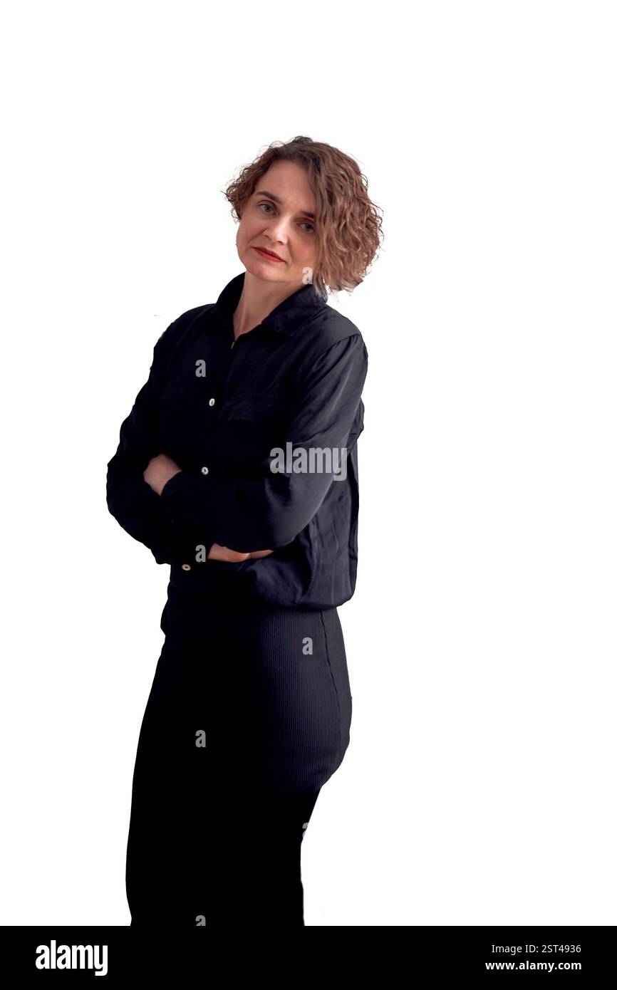 Middle-aged businesswoman in dark suit, isolated, png Stock Photo