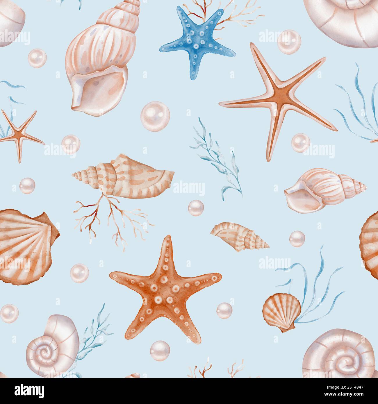 Seashell and Pearls Pattern on isolated background. Hand drawn vintage ...