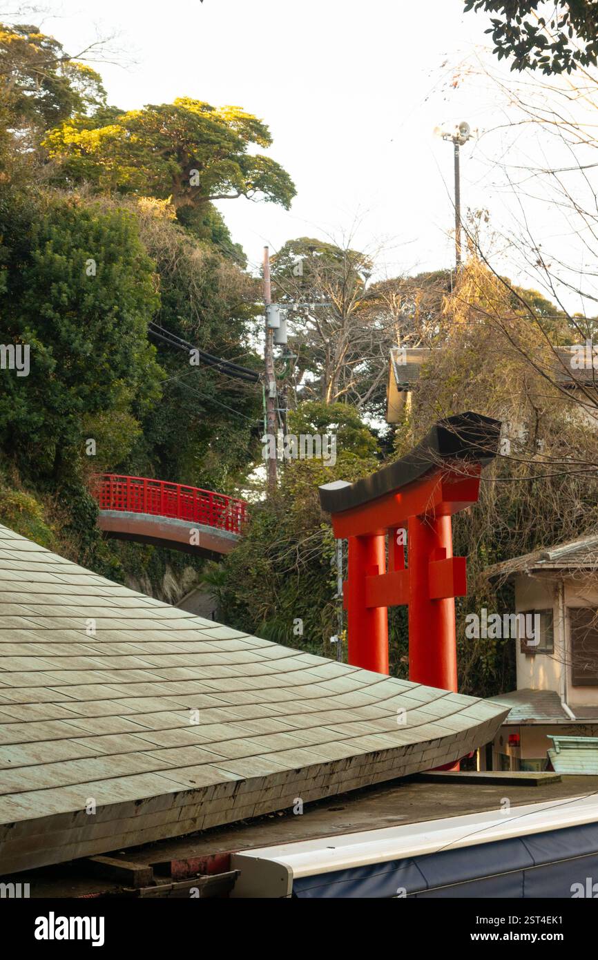 Grand Torii of Enoshima Jinja Shrine at daytime in Japan Stock Photo ...