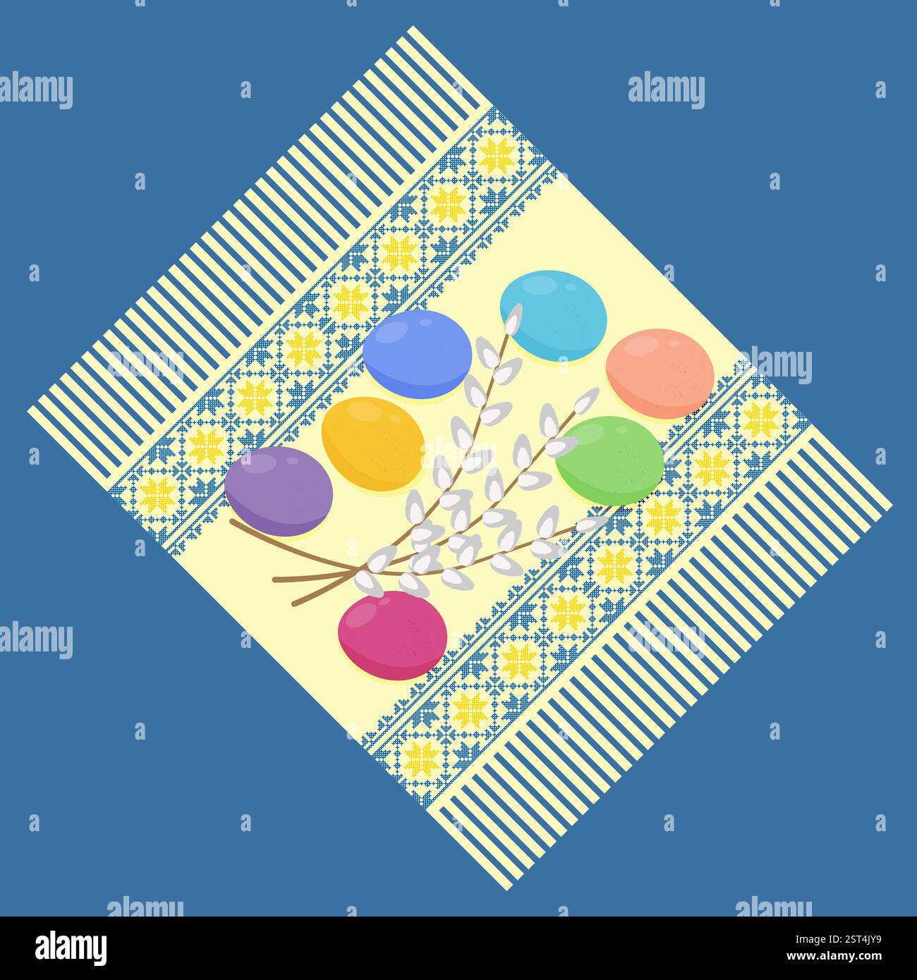 Happy Easter Spring Holiday Colorful Eggs on Cloth Stock Vector