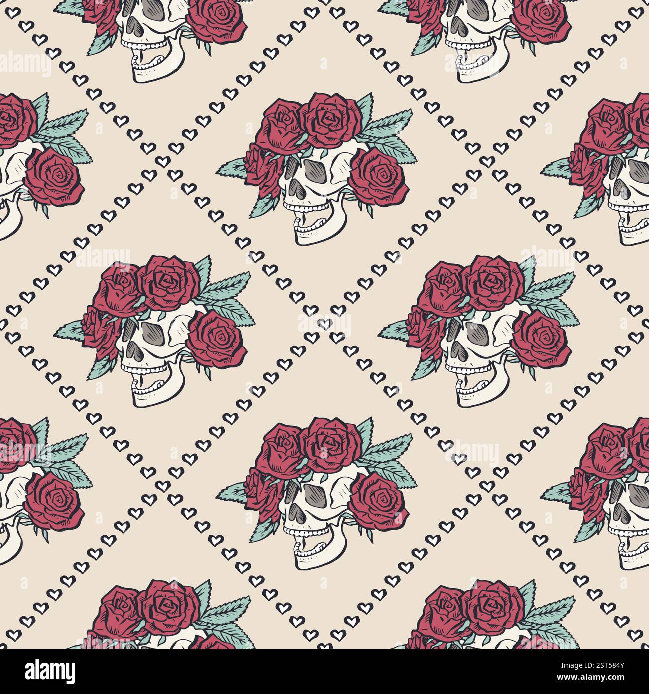 Seamless pattern with hand drawn human skulls in rose flowers wreath inside trellis Stock Vector