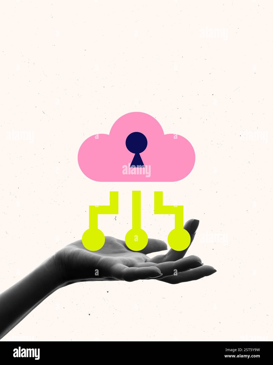 Hand presenting secured cloud storage with network connections. Cybersecurity, financial data protection, and cloud banking solutions. Stock Photo
