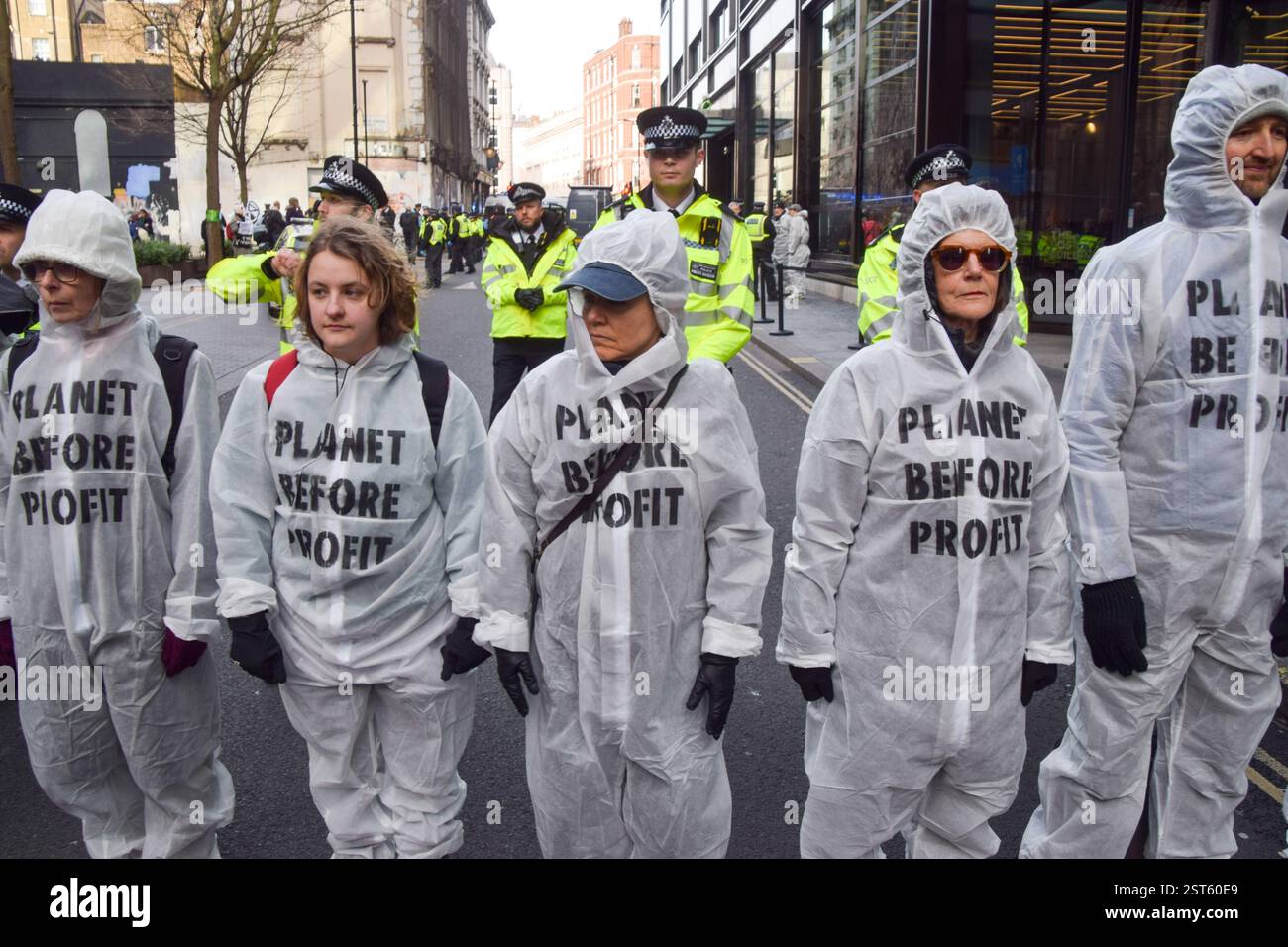 London, England, UK. 17th Feb, 2025. Protesters wearing hazmat suits ...