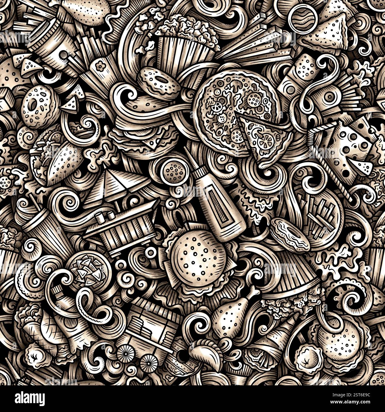 Cartoon doodles Fast Food seamless pattern Stock Photo - Alamy