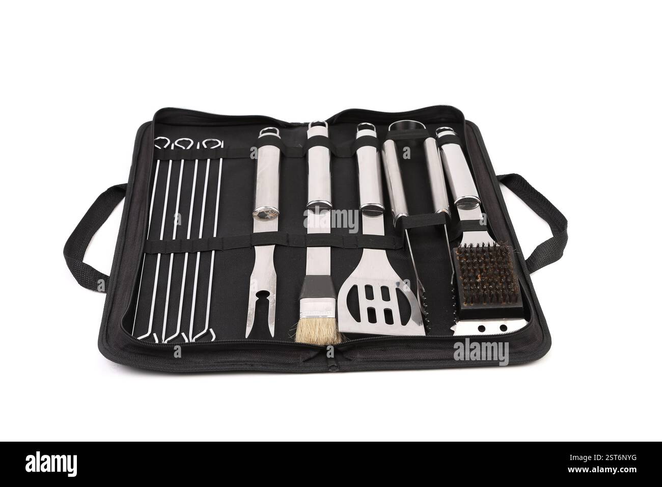 Set of tools for bbq in black bag. White background Stock Photo - Alamy