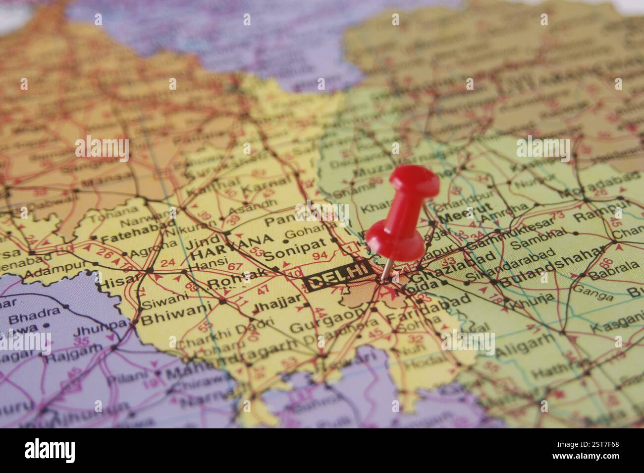 Map of India Spotted Delhi Capital of India by Red colored Board Pin Stock Photo