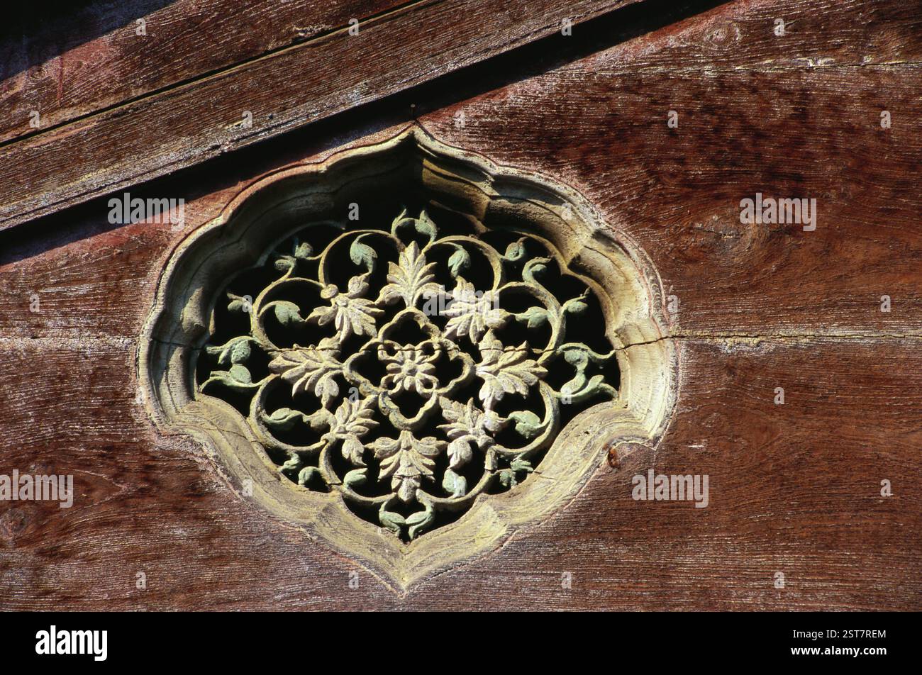 Richly wood carved window of Shri Ram temple, Tulsi Bagh, Pune, Maharashtra, India, Asia Stock Photo