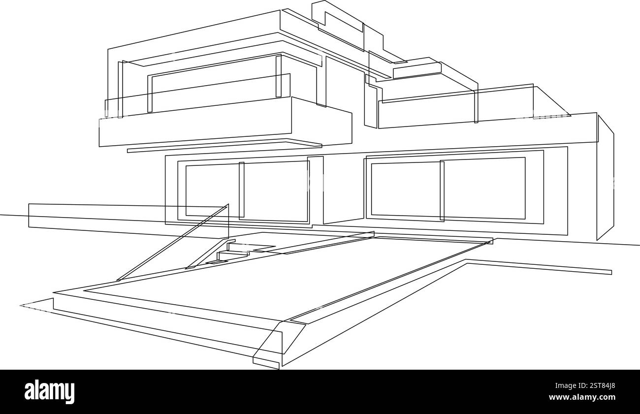 One continuous line drawing of flat roof house with swimming pool. Minimalist style black linear sketch of modern building isolated on white backgroun Stock Vector