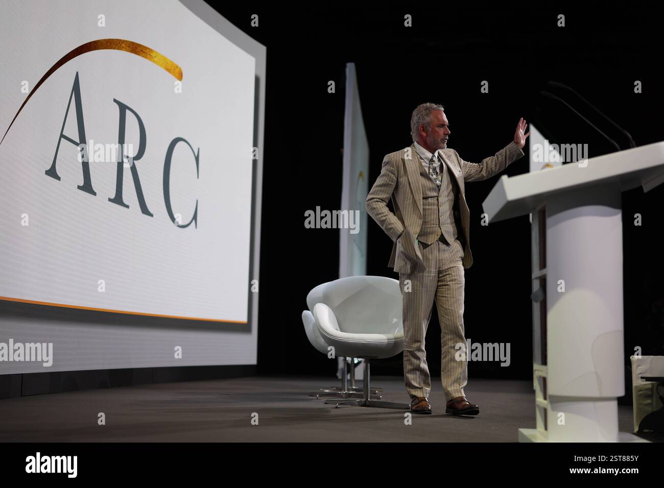 London, UK. 17th Feb, 2025. Image © Licensed to Parsons Media. 17/02/2025. London, United Kingdom. The Alliance For Responsible Citizenship Conference - Day One. ExCel London. The ÔIdentity in The Digital AgeÕ panel. Interview: Peter Thiel interviewed via video link by Jordan Peterson. Panel Chair: Jordan Peterson Panellists: Jonathan Pageau, Mary Harrington. Speaker: Sophie Winkleman during the Alliance for Responsible Citizenship conference 2025. Picture by Credit: andrew parsons/Alamy Live News Stock Photo