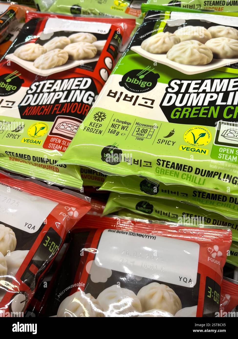 steamed dumplings, vegan food, consumerism, supermarket fridge, Vegan dumplings, vegan steamed dumplings, frozen food packaging, Asian food - Smartphone Captured Stock Image