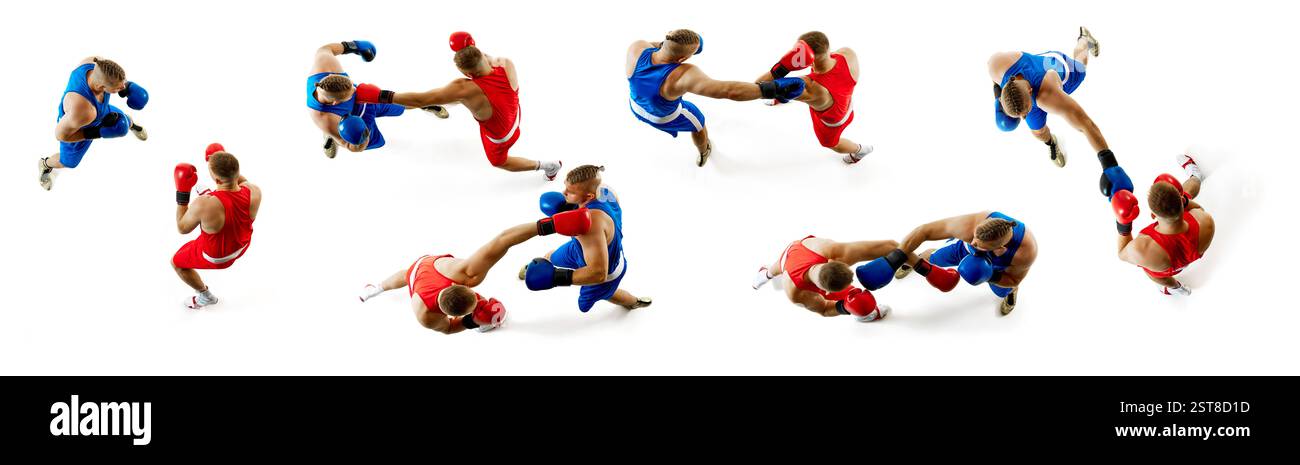 Dynamic collage. Boxers throwing punches, blocking, attacking in high ...