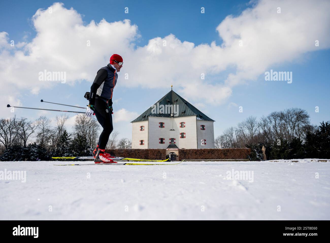 Prague, Czech Republic. 17th Feb, 2025. Cross-country skier skis in the