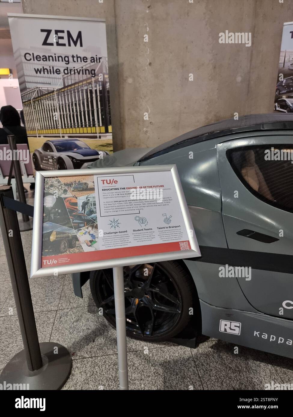 Explanation of ZEM, Zero Emission Mobility, a car that cleans the air while driving; CO2 capturing car on display in Eindhoven Airport The Netherlands - Smartphone Captured Stock Image