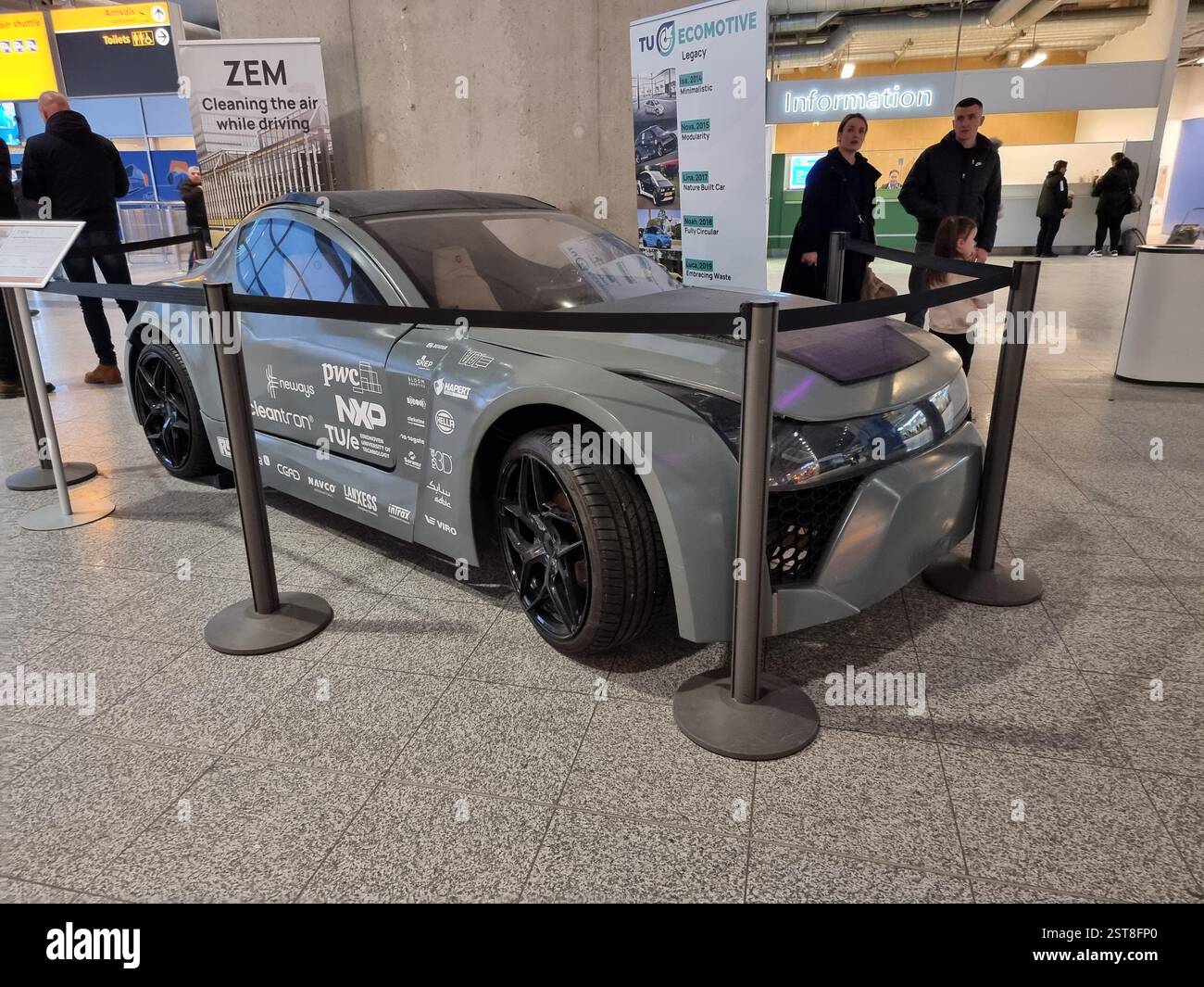 ZEM, Zero Emission Mobility, a car that cleans the air while driving; CO2 capturing car, on display in Eindhoven Airport, The Netherlands - Smartphone Captured Stock Image