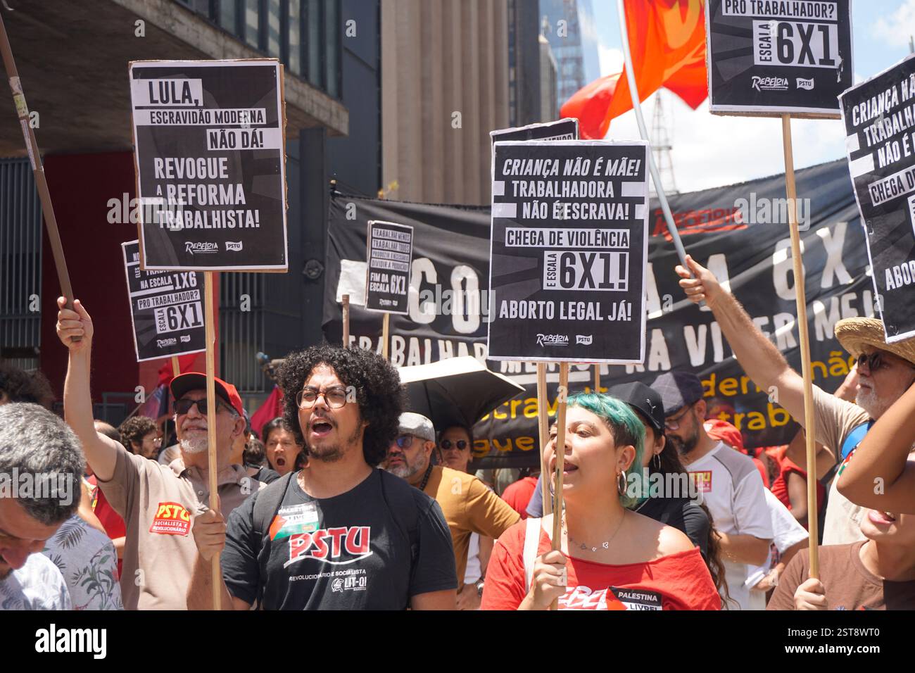Labor activists demonstrate on Paulista Avenue in Sao Paulo, Brazil, on ...