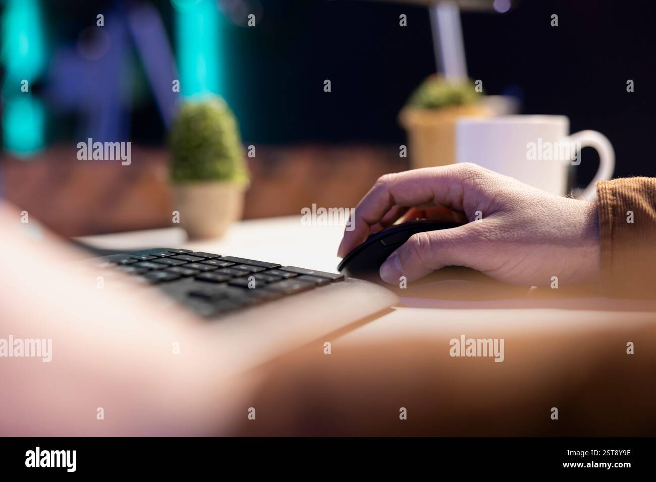 Teleworking computer technician typing on keyboard, implementing security measures to protect company systems and data. Remote IT employee at home debugging code for software, close up Stock Photo