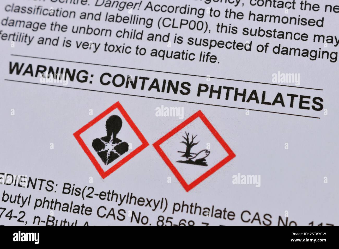 Warning on a Safety Data Sheet indicating that the product contains toxic phthalates substances. Standard chemical hazard pictograms are shown Stock Photo
