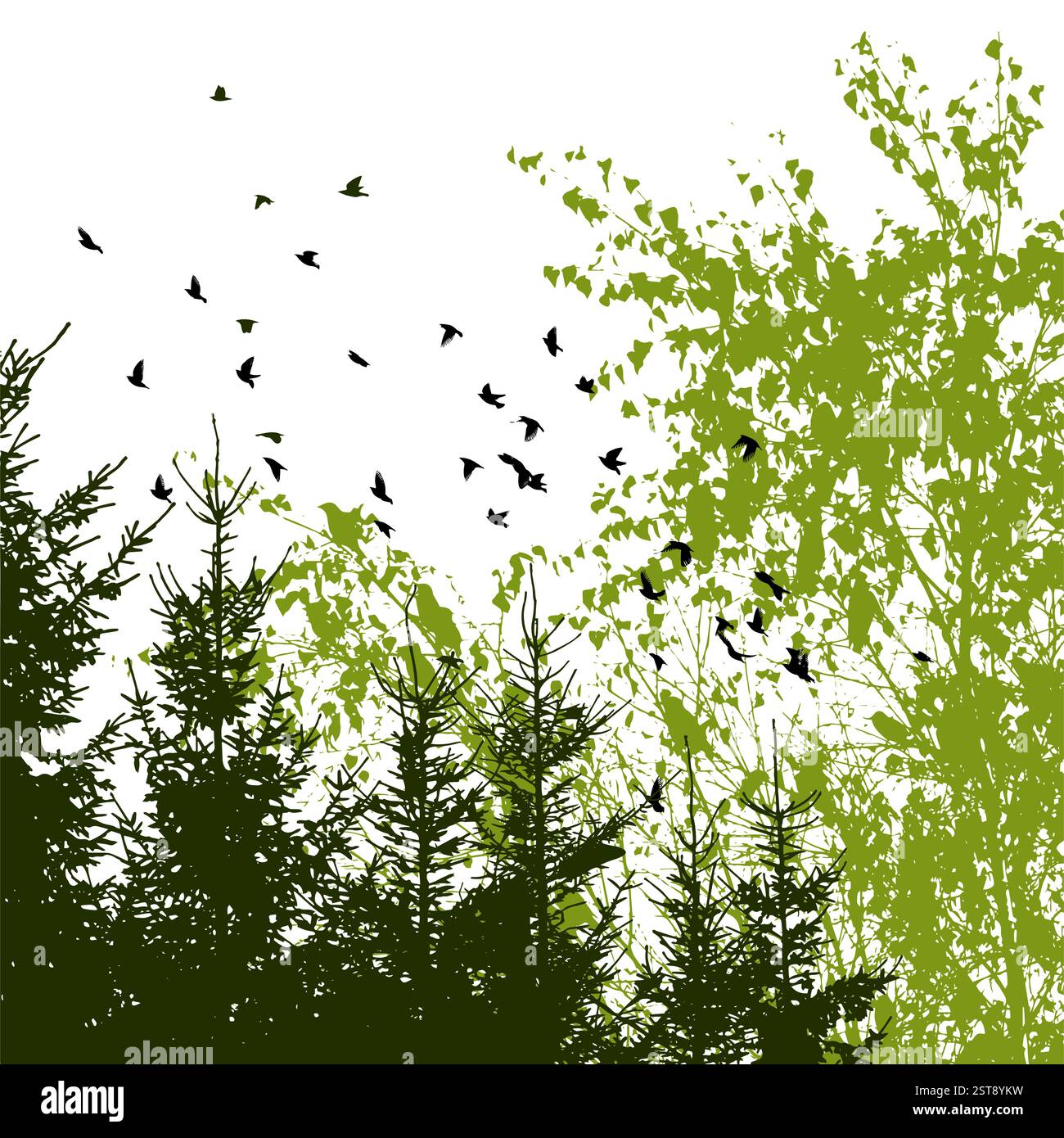 Green trees and birds nature. hand drawing. Not AI Vector illustration ...