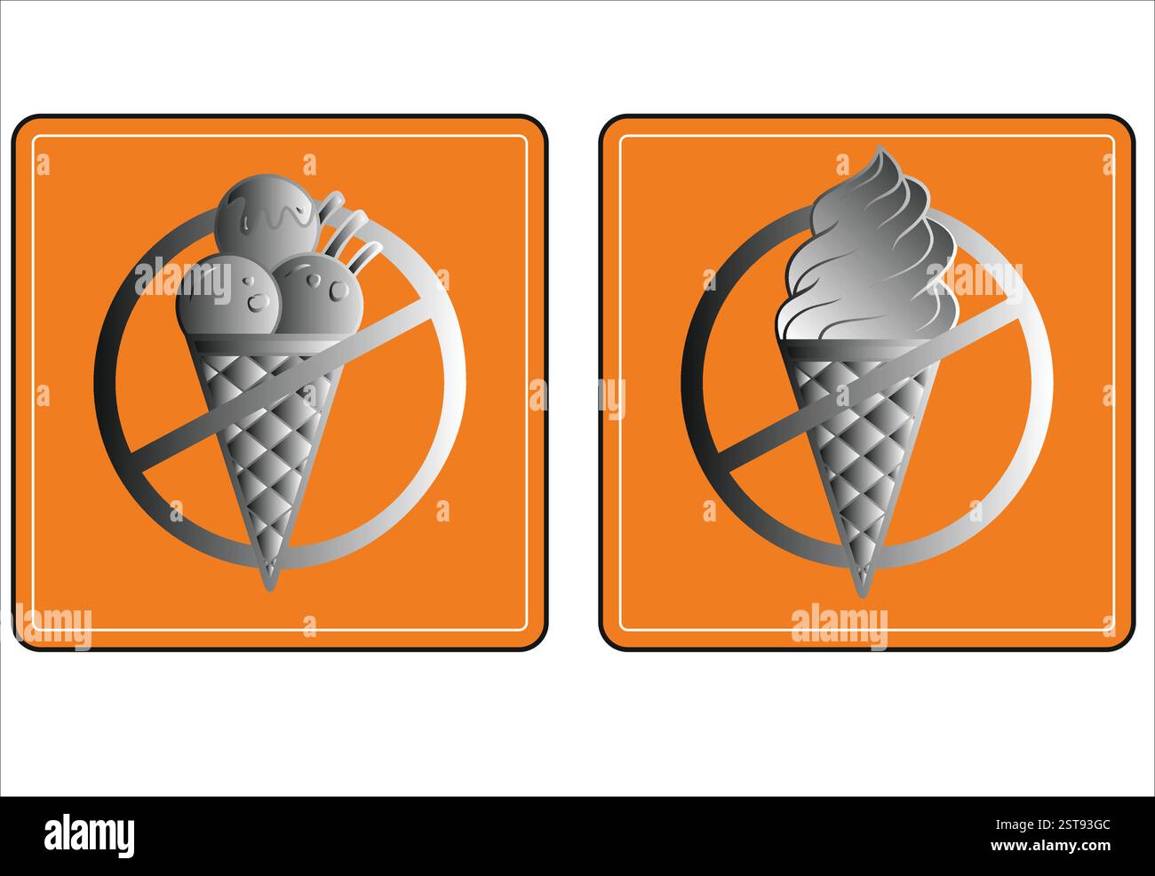 Two orange prohibition signs representing a ban on ice cream and frozen desserts. Stock Vector