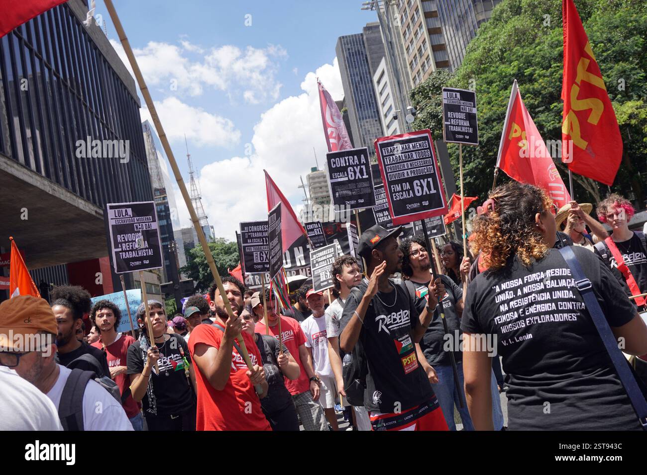 Labor activists demonstrate on Paulista Avenue in Sao Paulo, Brazil, on ...