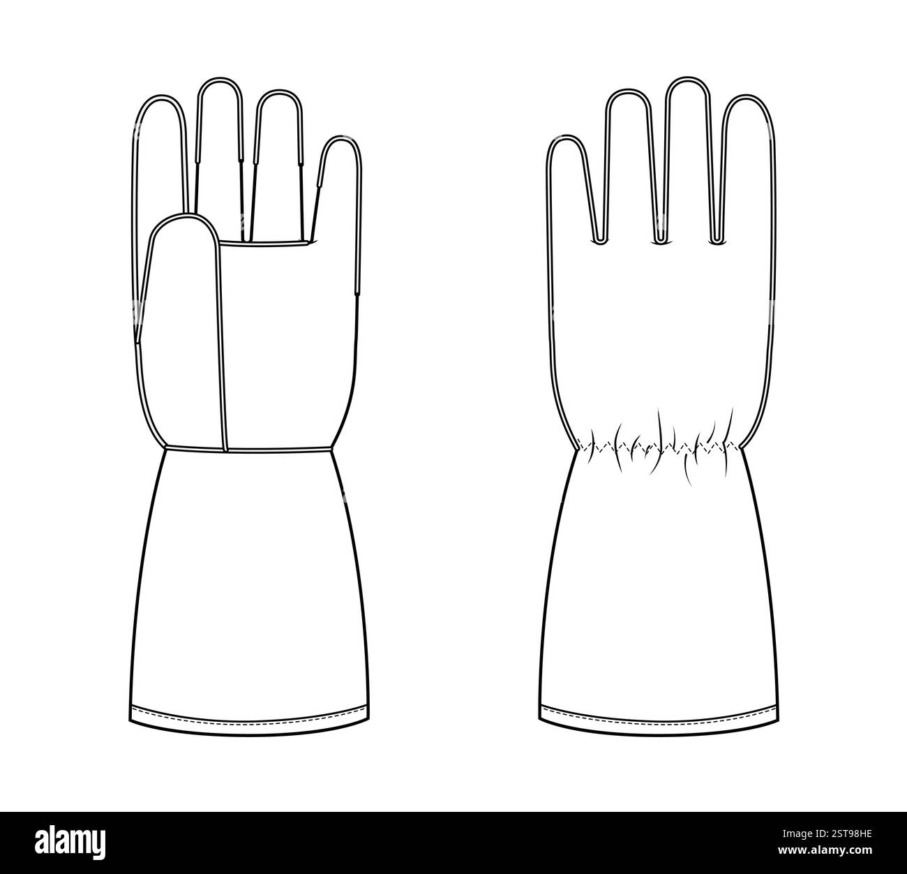 Welding Gloves Working hand accessory clothing technical illustration garment. Vector front palm back view for Men, women, unisex style flat template CAD mockup sketch outline on white background Stock Vector