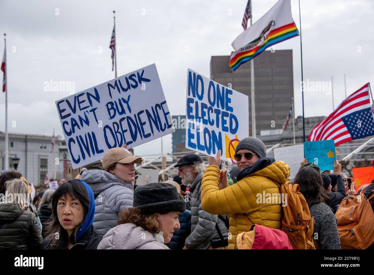 San Francisco, Calif., USA, 17th Feb, 2025. Protesters gather at noon