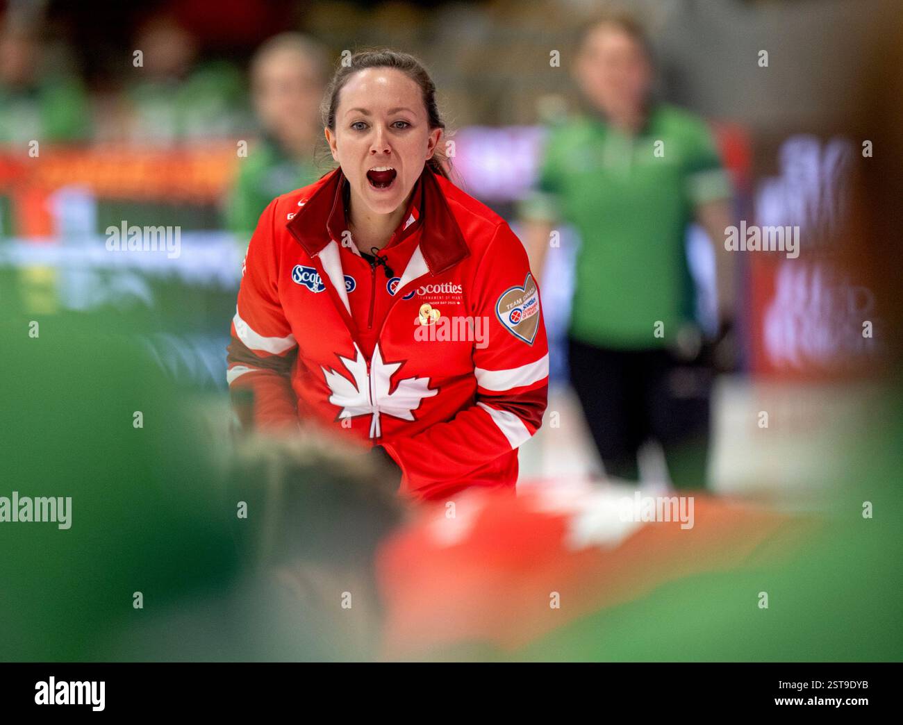 Team Canada skip Rachel Homan calls a sweep during Scotties Tournament of Hearts action against