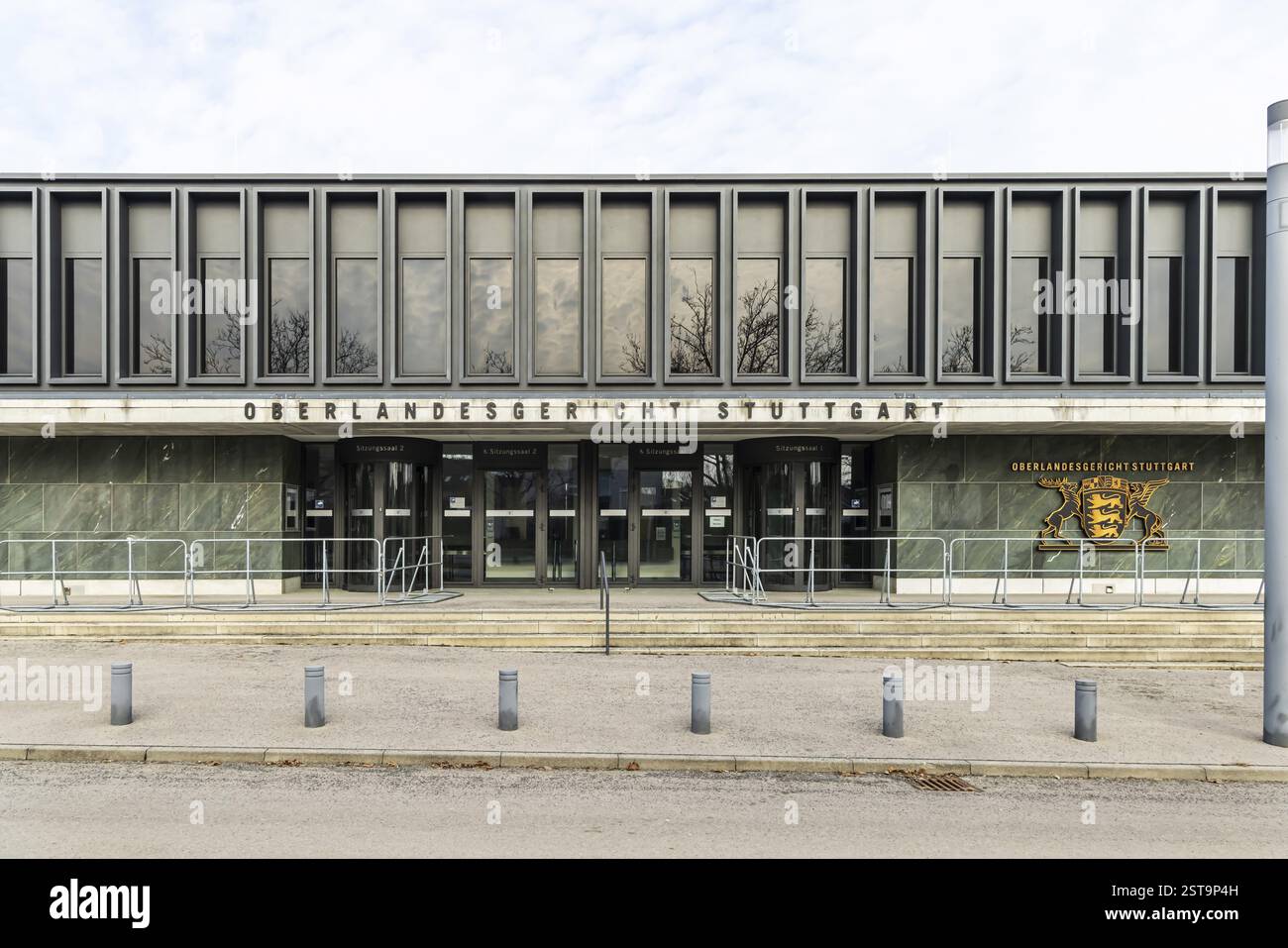 New courtroom building of the Higher Regional Court OLG in Stuttgart-Stammheim. Exterior view with state coat of arms. Stuttgart, Baden-Wuerttemberg, Stock Photo