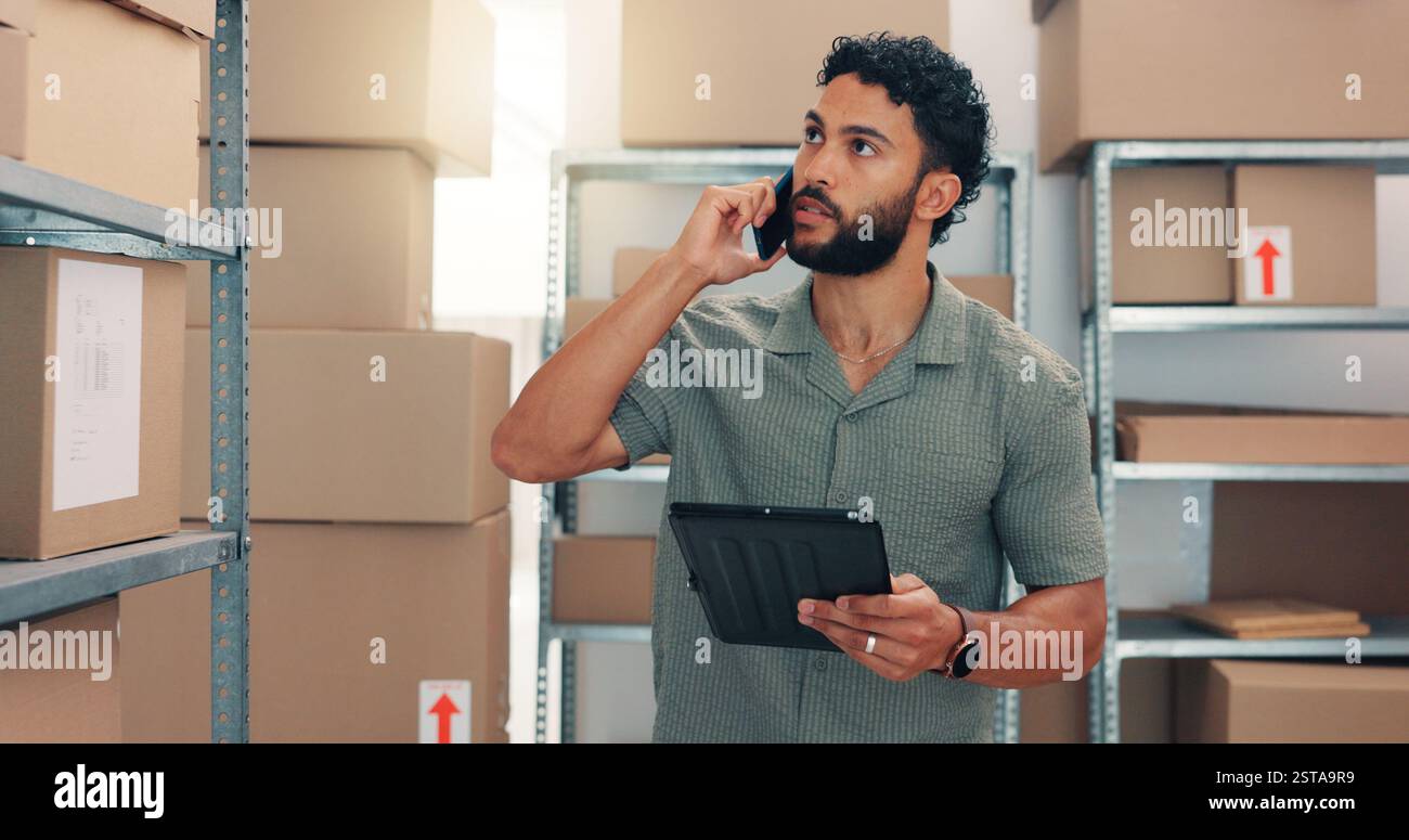Tablet, shipping and phone call with man in warehouse for storage ...