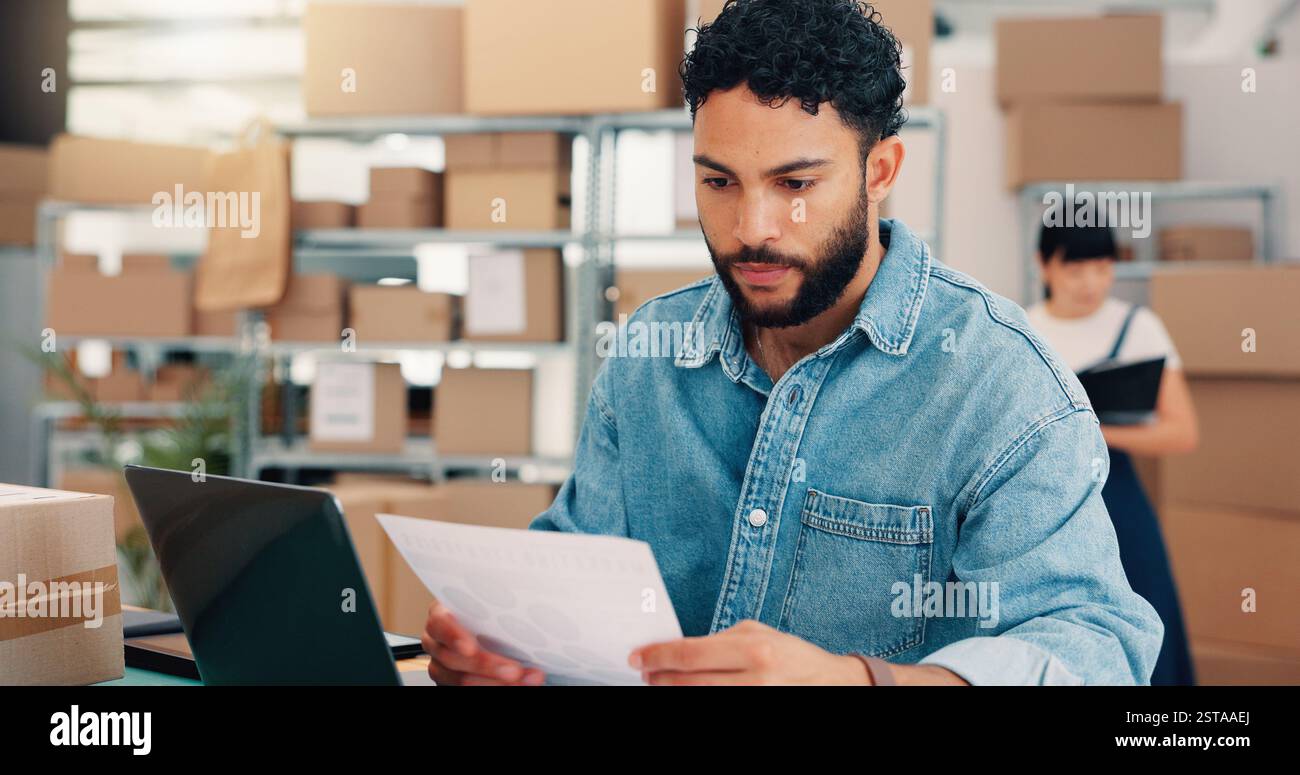 Laptop, documents and shipping with man in warehouse for logistics ...