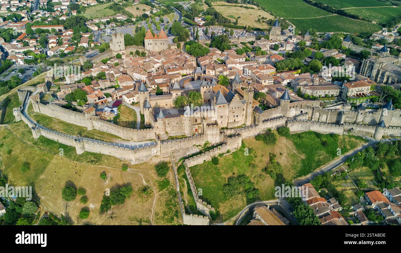 Aerial top view of Carcassonne medieval city and fortress castle from ...