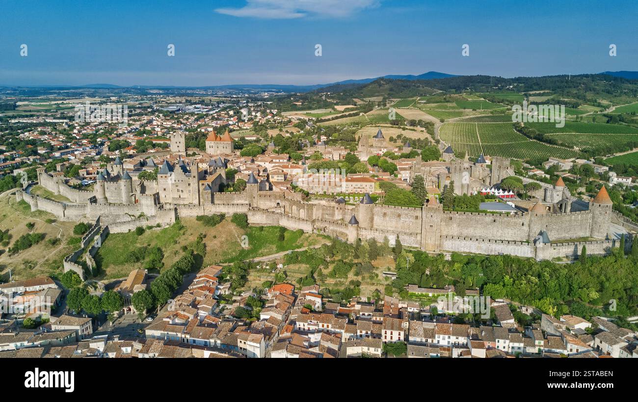 Aerial top view of Carcassonne medieval city and fortress castle from ...