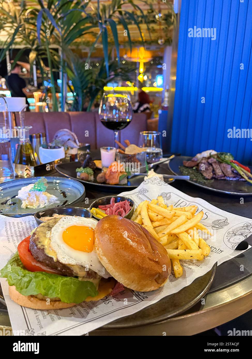 This vibrant image captures a luxurious dining experience featuring a ...