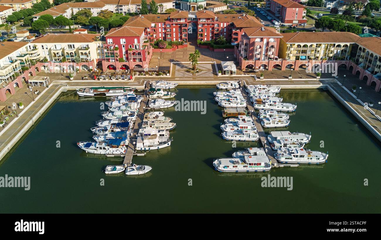 Aerial view of marina with boats and yachts on port of modern ...