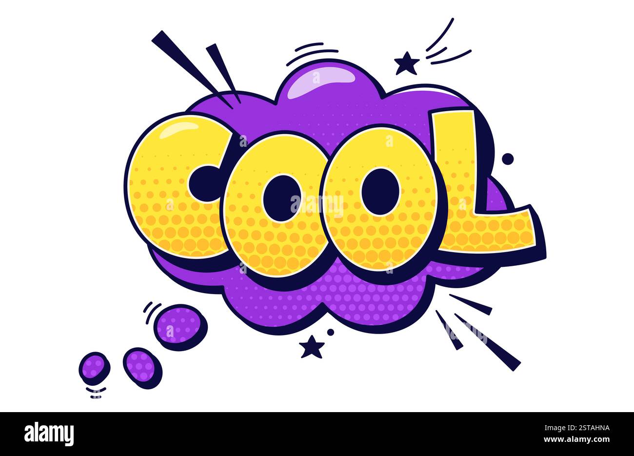 Speech bubble COOL. Yellow halftone text on Purple background. Stock Vector