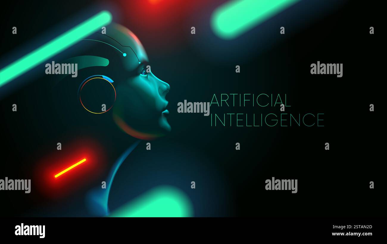 AI. Artificial intelligence robot in human face or head concept. Artificial neural network in woman head looking at up. AI mind. Clever face ai in gre Stock Vector
