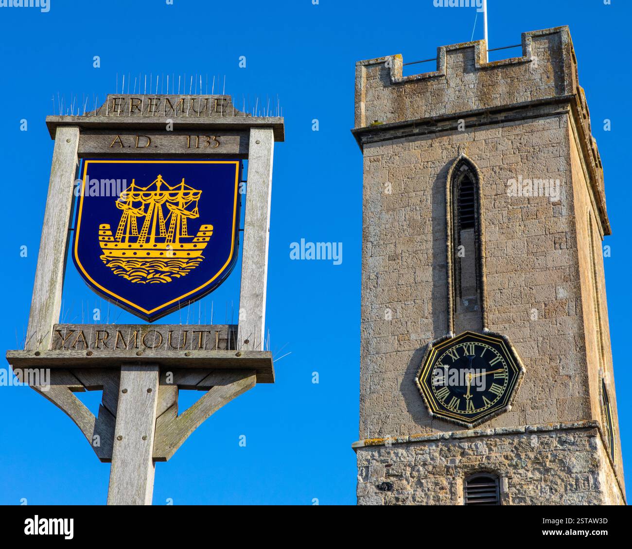 A sign portraying the town crest of Yarmouth, on the beautiful Isle of ...