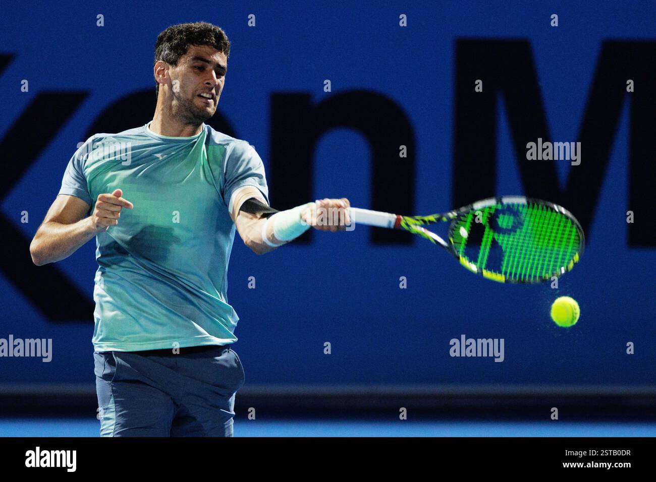 Aziz Dougaz of Tunisia during the 2025 Qatar ExxonMobil Open, ATP 500