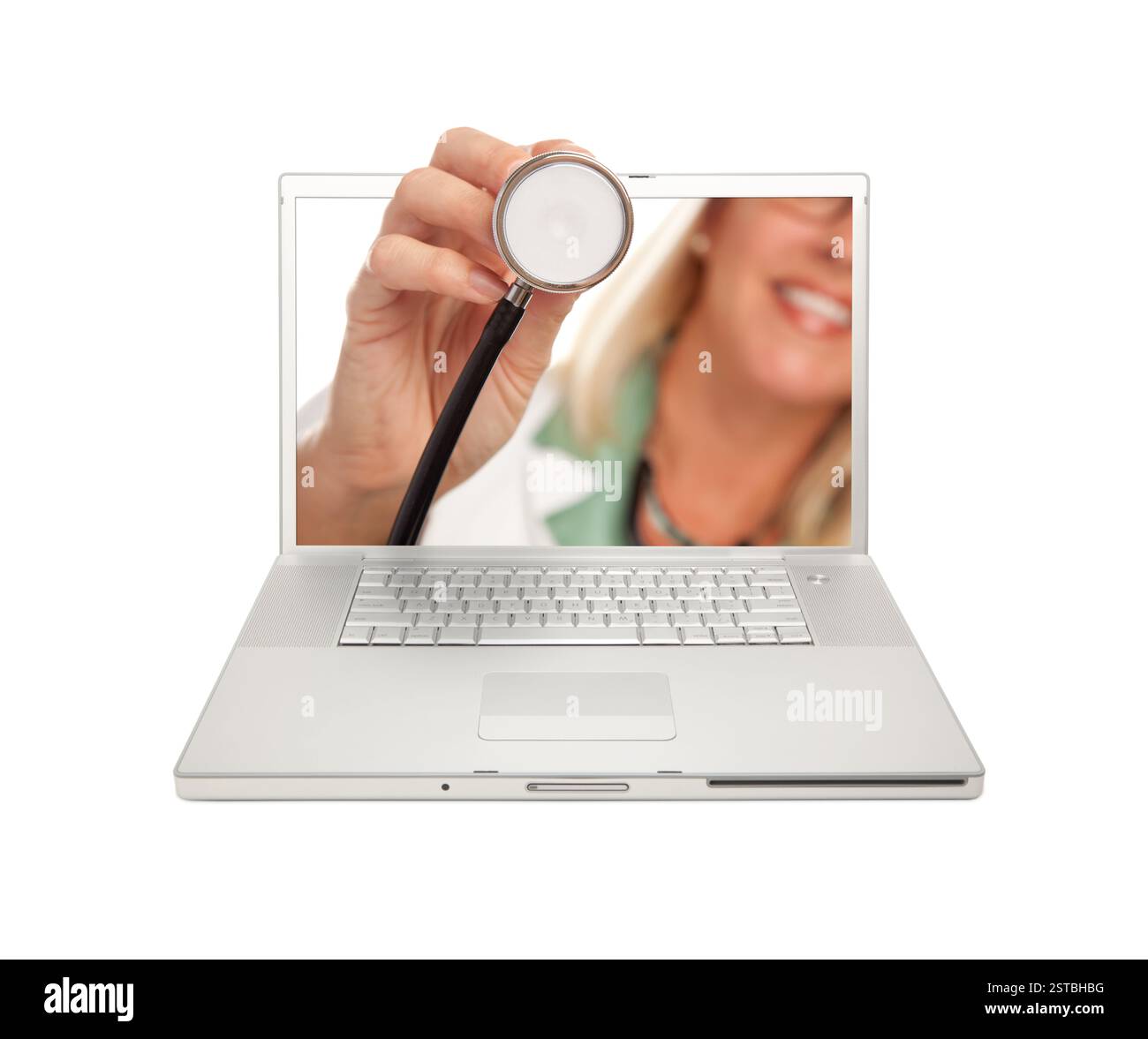 Female Doctor Holding Stethoscope Through Laptop Screen Isolated on a ...