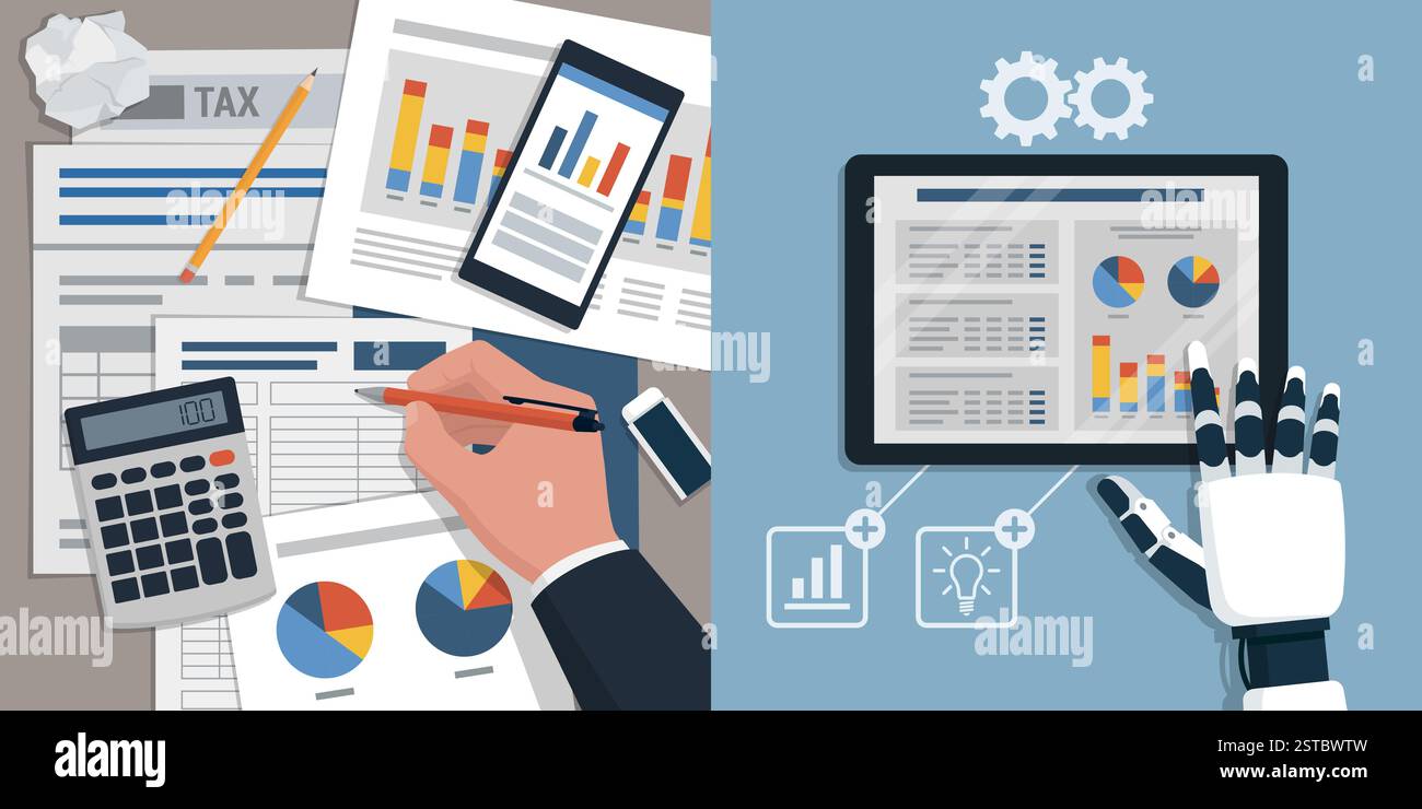 Human and AI robot analyzing financial reports: AI in accounting concept Stock Vector