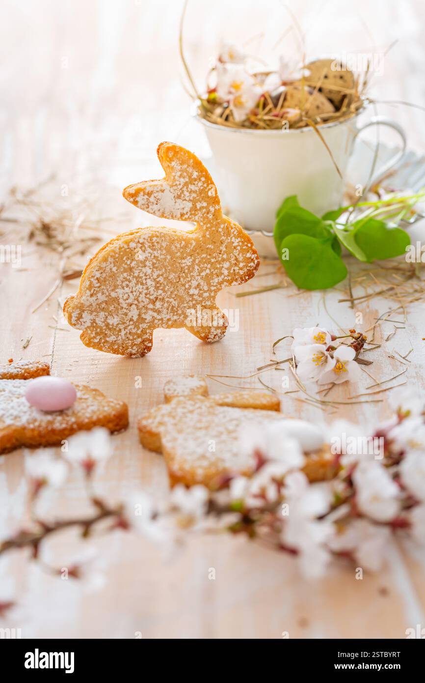 Homemade almond bunny cookies for Easter with Easter eggs Stock Photo