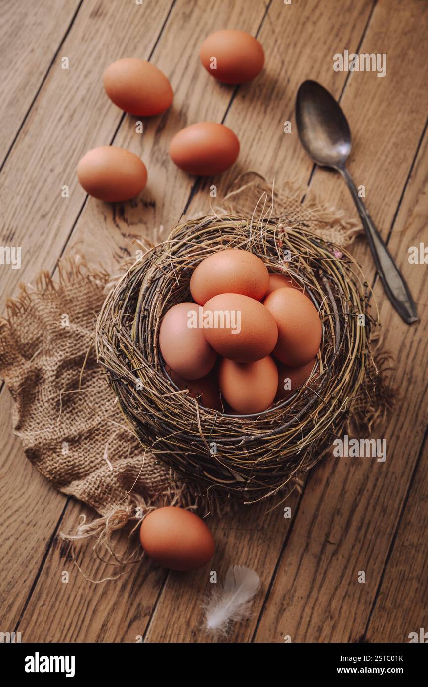 Organic brown eggs in a nest on kitchen table Stock Photo