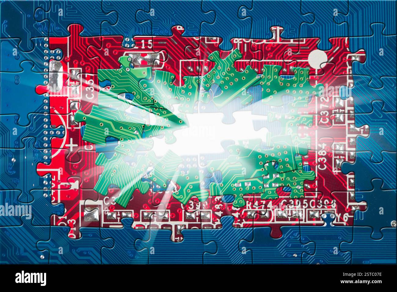 Abstract electronic circuit board puzzle background with rays Stock Photo