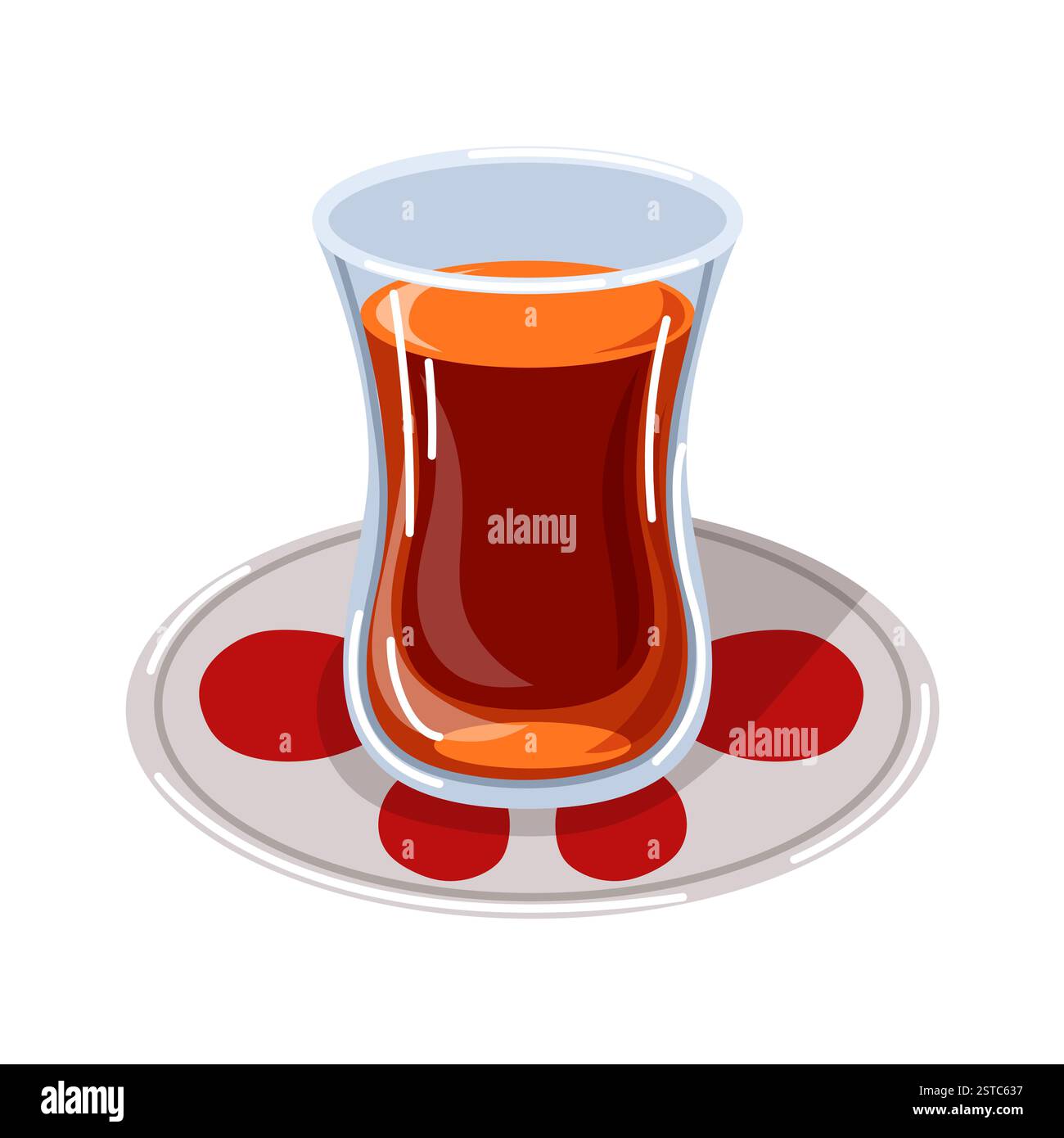 Traditional Turkish tea in a tulip shaped glass on a saucer with red ...