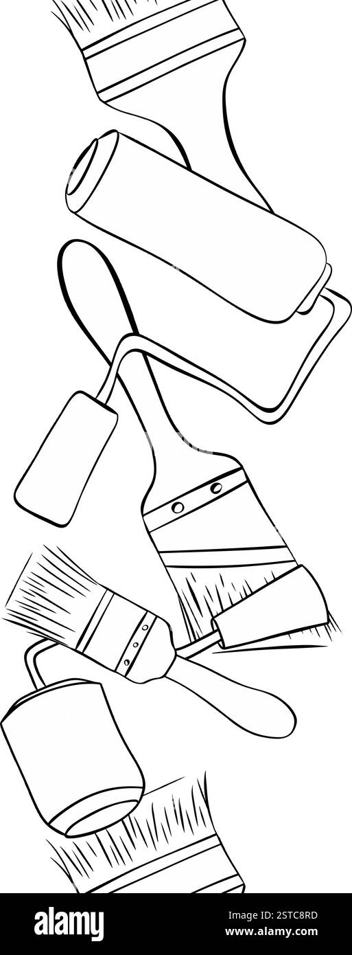 Paint brushes ant rollers seamless vertical border. Vector graphic line illustration isolated on white background. Vector design element Stock Vector